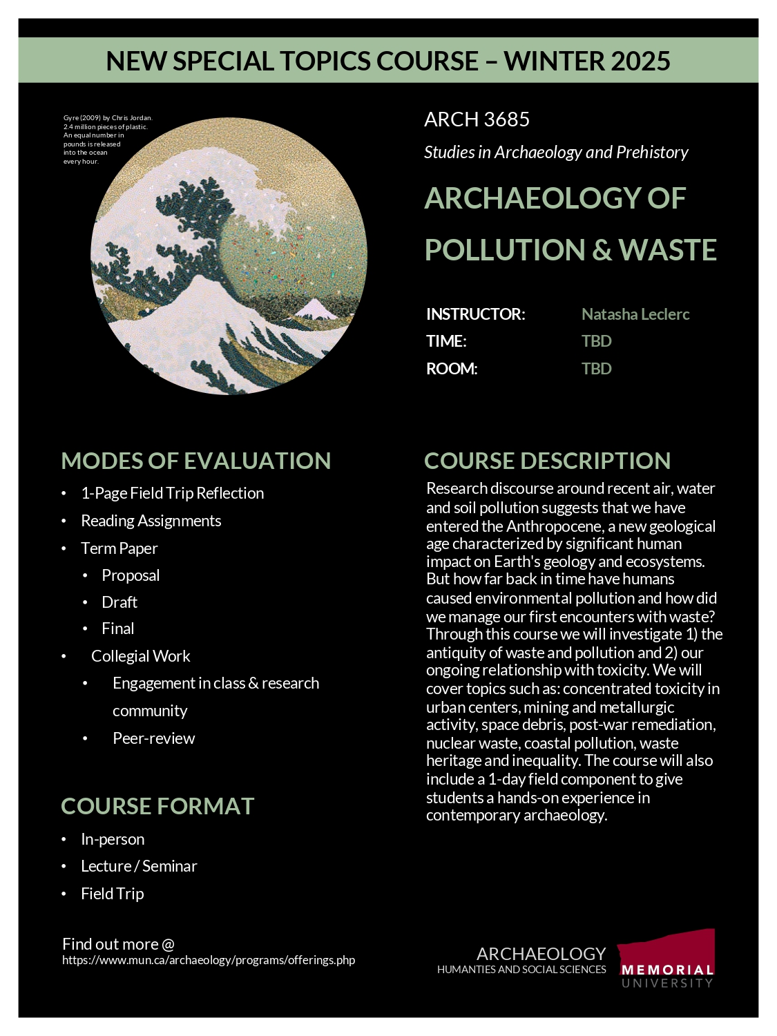 Advertising poster for Archaeology of Pollution, a new archaeology course with Dr. Natasha Leclerc, offered in Winter 2025